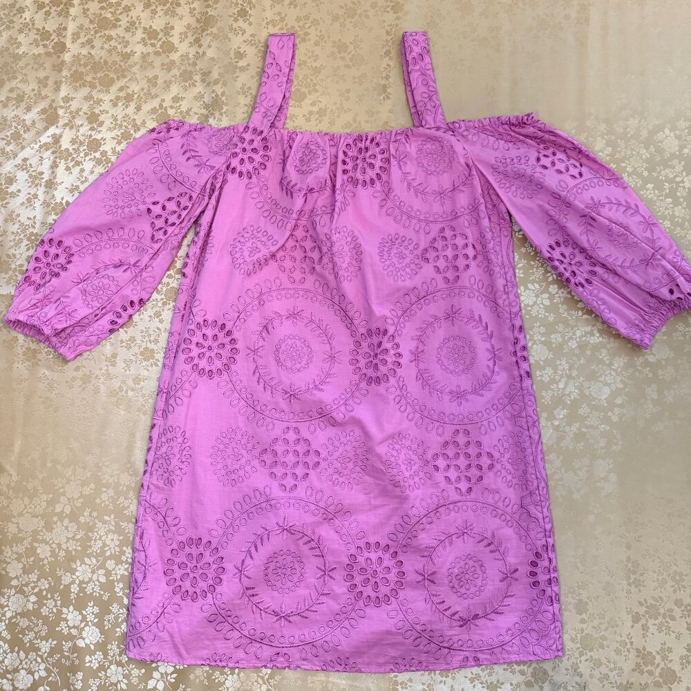 Trina Turk Pink Eyelet Off-Shoulder Sleeved Cotton Dress M NWT Party Wedding - Picture 3 of 9